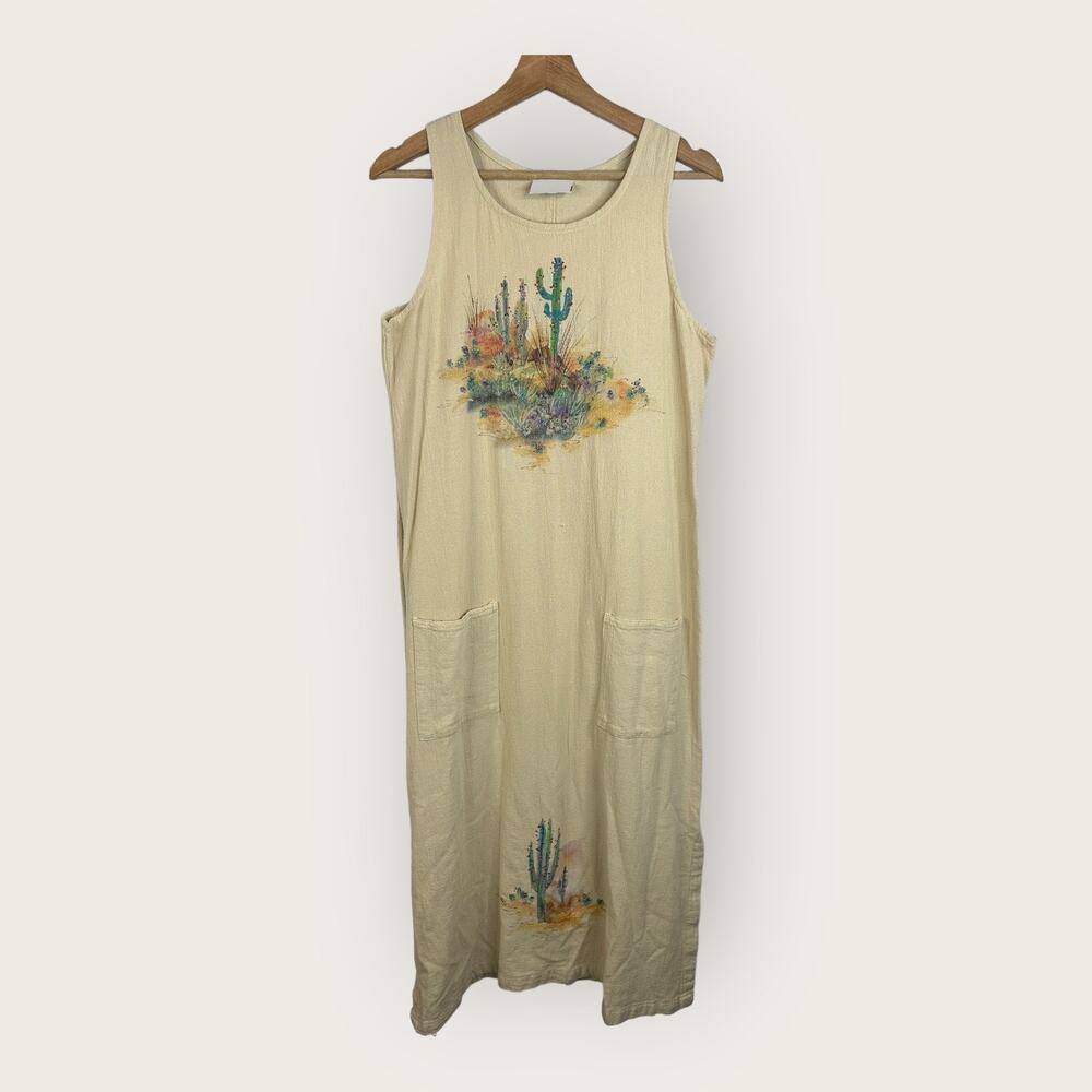 Allie Womens Small Artsy Gauzy Maxi Dress Desert Cactus Art to Wear Painting